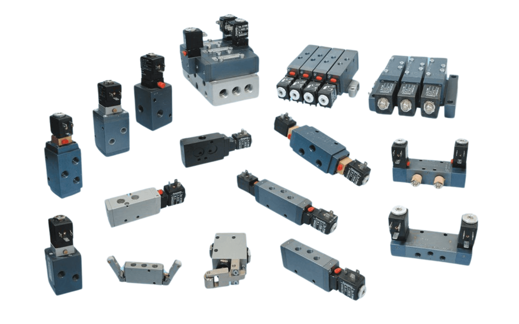 Assorted industrial pneumatic valves and components on a white background.