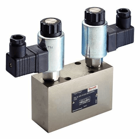 Hydraulic solenoid valve with two coils mounted on a metallic block.