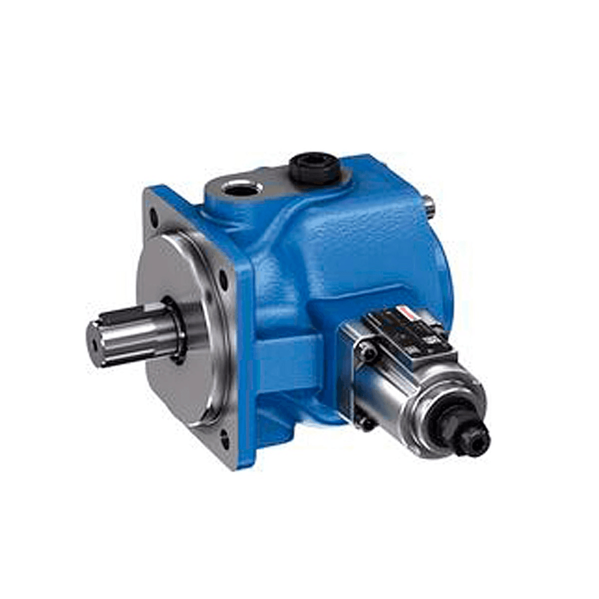 Blue hydraulic pump with a metallic cylindrical shaft and attached control mechanism.