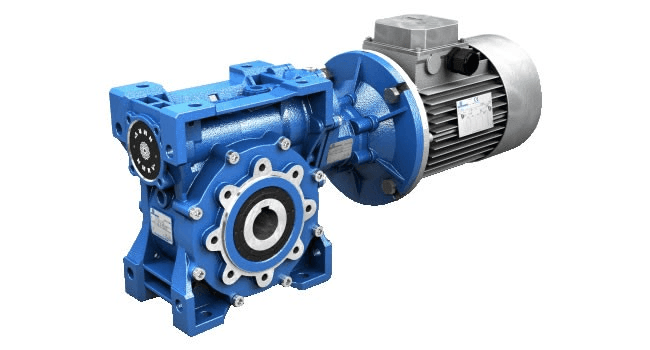 Blue industrial gearbox connected to metallic electric motor on white background.