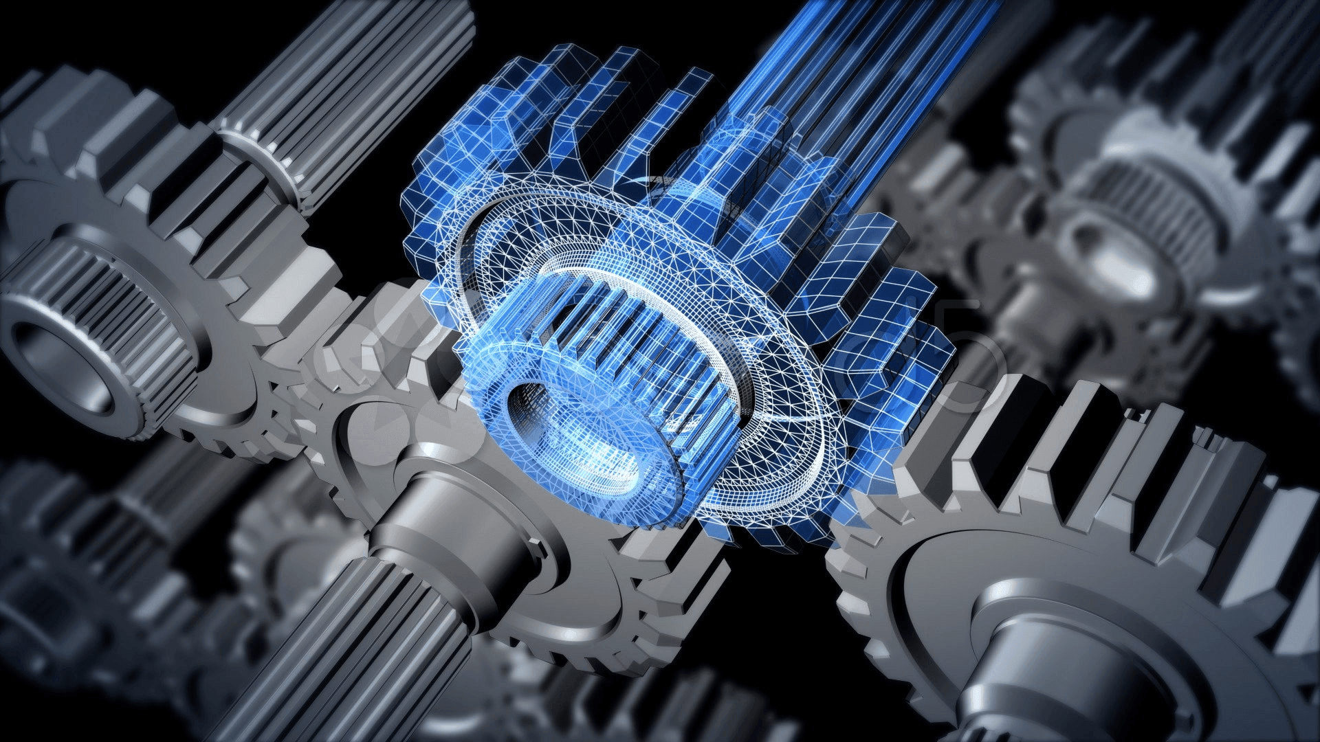 Close-up view of interlocking gears with a partial blue wireframe overlay representing mechanical engineering.