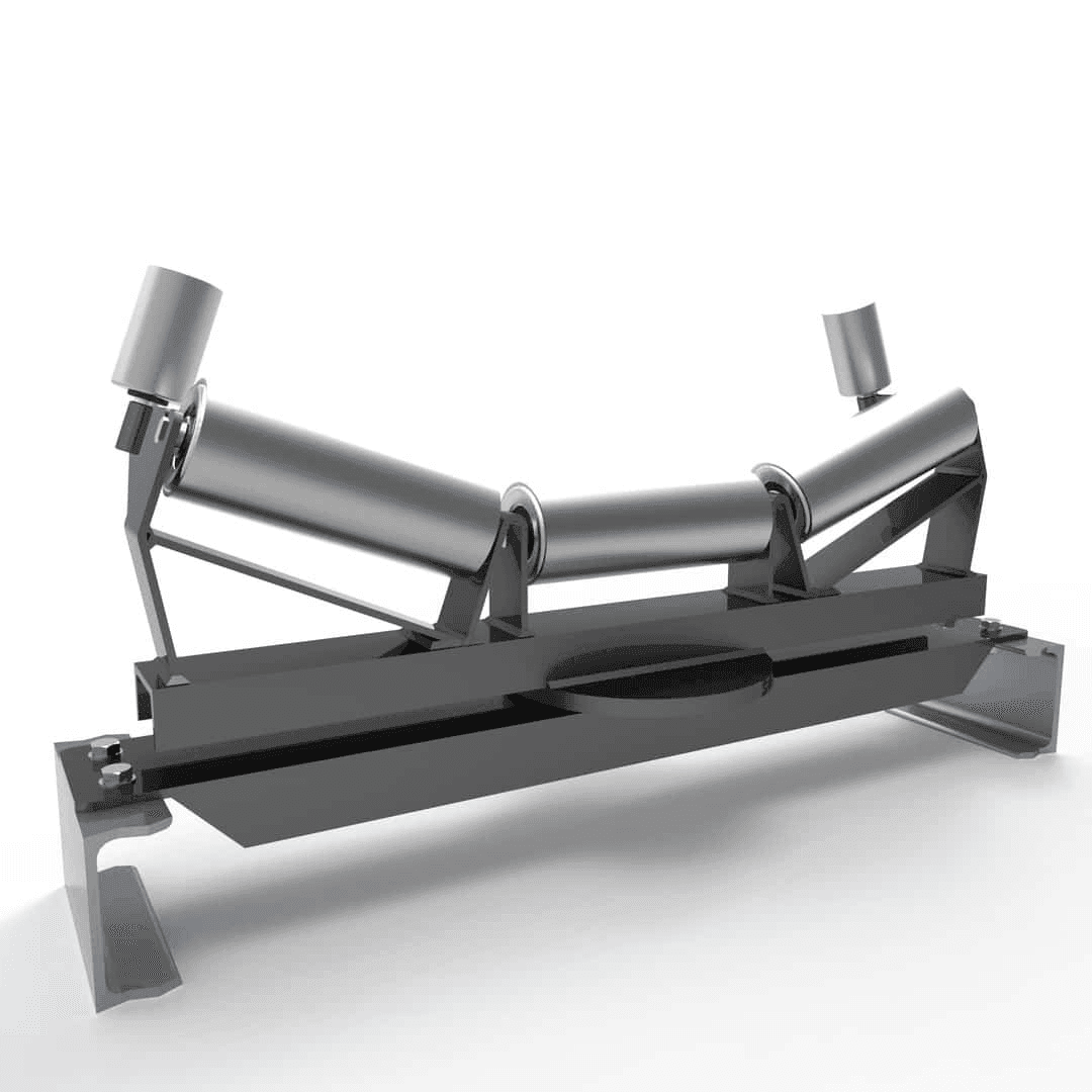 3D rendering of a conveyor belt roller assembly with tilted cylindrical rollers and metal frame.
