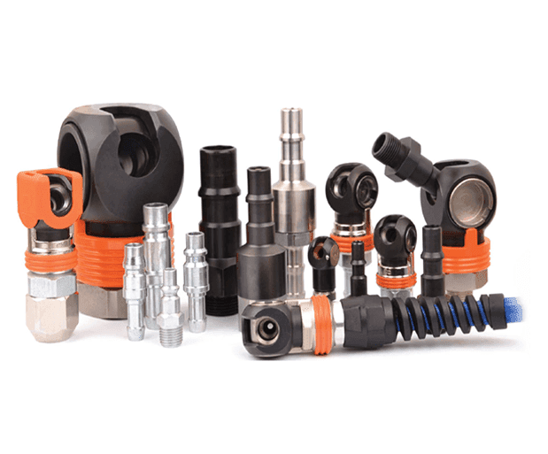 Assorted industrial metal fittings and connectors with orange and black accents arranged on a white background.