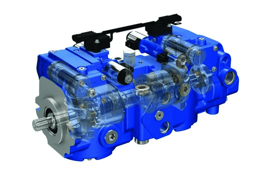 Blue industrial hydraulic pump with visible mechanical components and metal fittings.