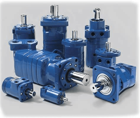 A variety of blue hydraulic motors of different sizes and shapes arranged on a white background.