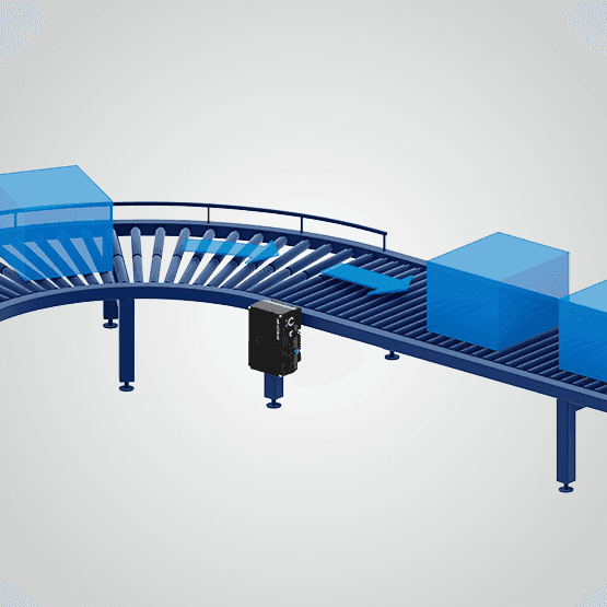 Illustration of a curved conveyor belt system with blue boxes and a scanner attached to the side.