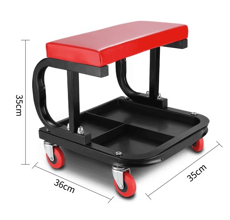 Red and black rolling mechanic stool with tray, measuring 35cm by 36cm.