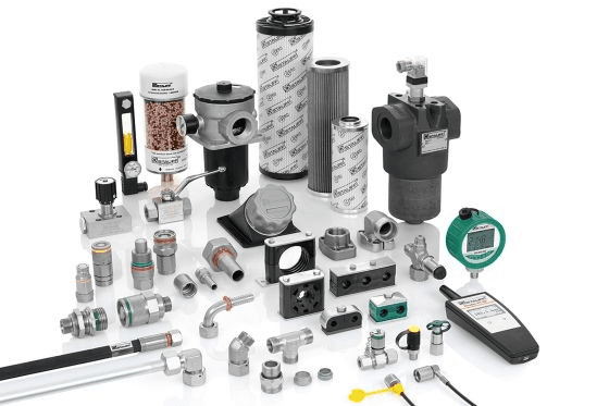 Collection of industrial hydraulic components including filters, fittings, and gauges on a white background.