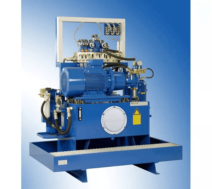 Industrial hydraulic power unit with blue components and connected hoses on a blue gradient background.