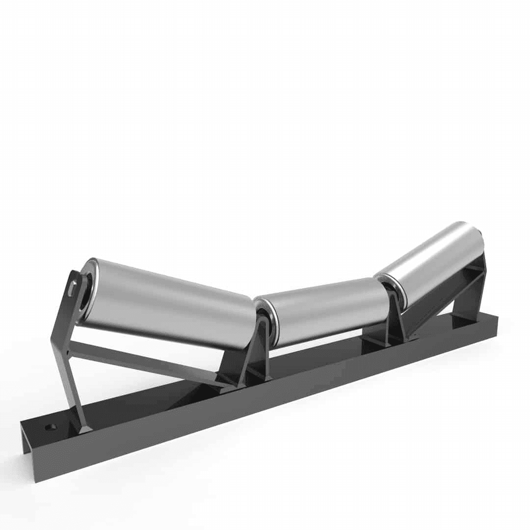 Conveyor belt roller assembly with three cylindrical rollers mounted on a metal frame.