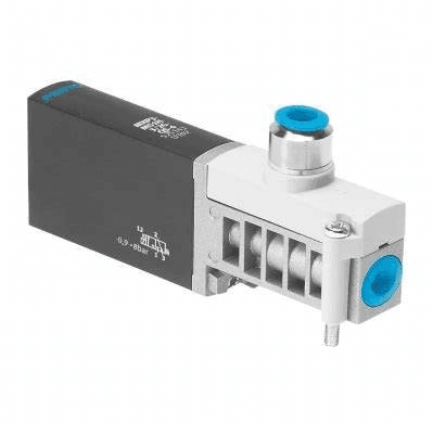 Close-up of a pneumatic solenoid valve with blue accents and a black body.