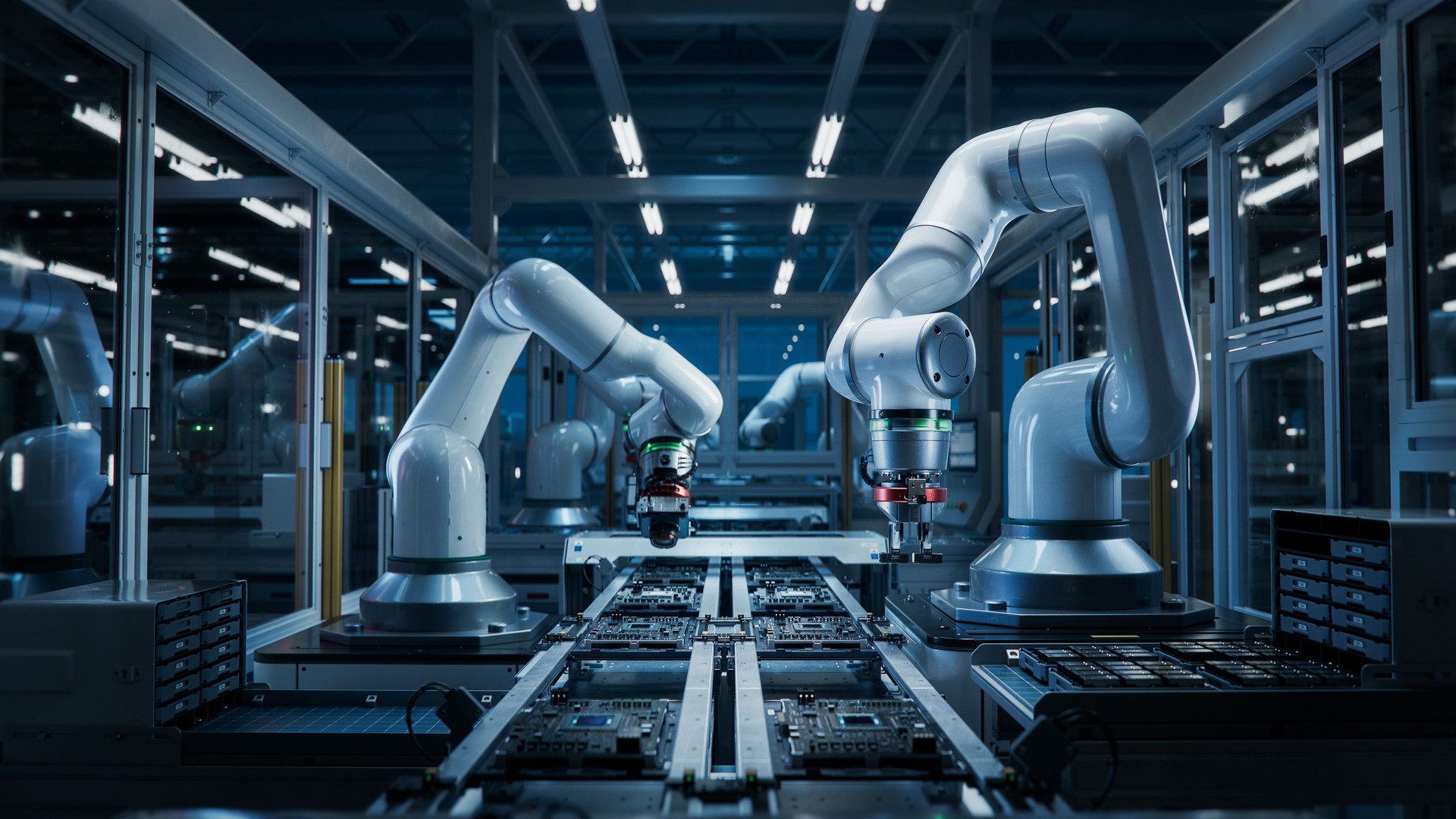Braços robóticos avançados de alta precisão na linha de montagem de PCB totalmente automatizada dentro da Modern Electronics Factory. Indústria de Produção de Dispositivos Eletrônicos. Instalação de componentes na placa de circuito