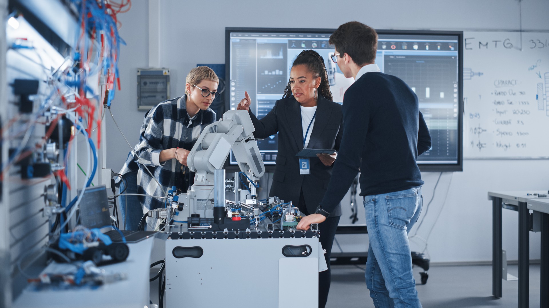 No Laboratório de Desenvolvimento de Robótica: Professora Negra e Duas Alunas Trabalham com Protótipo de Mão Robótica. Jovem estudante contando algo com sorriso e brainstorming com sua equipe.